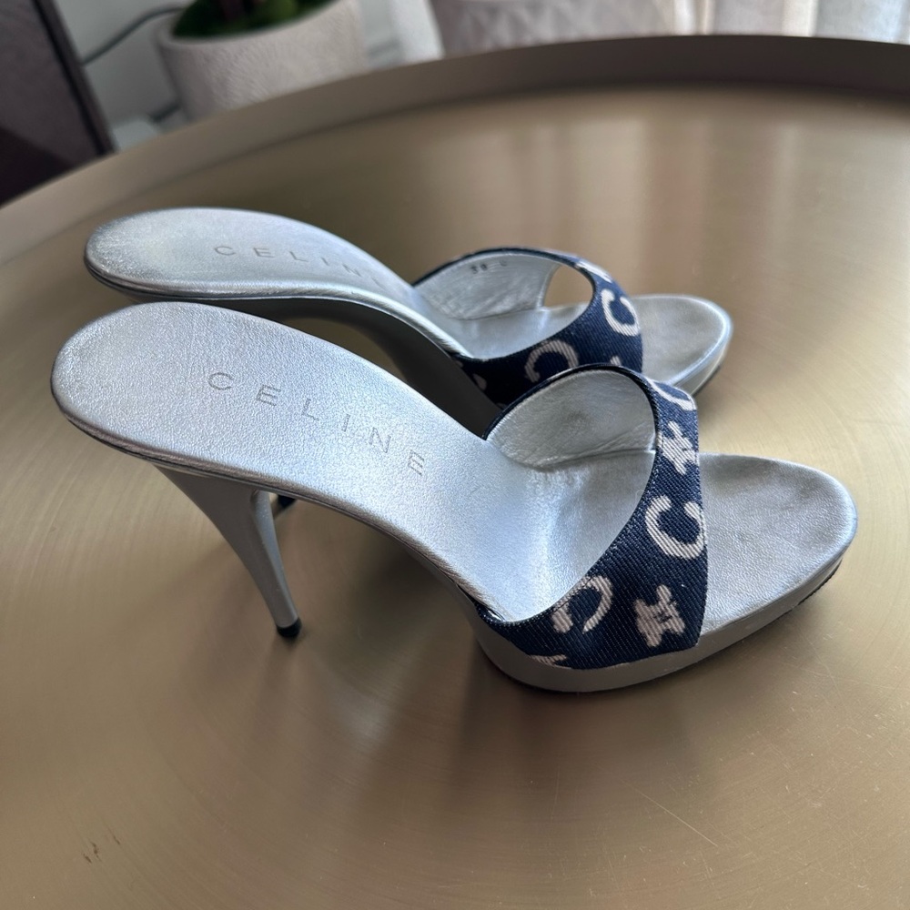 Celine Silver and Blue Chain Detail Heels